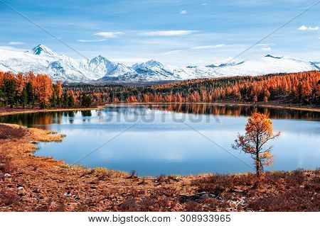 Kidelu Lake In Altai Mountains, Siberia, Russia. Beautiful Autumn Landscape. Famous Travel Destinati