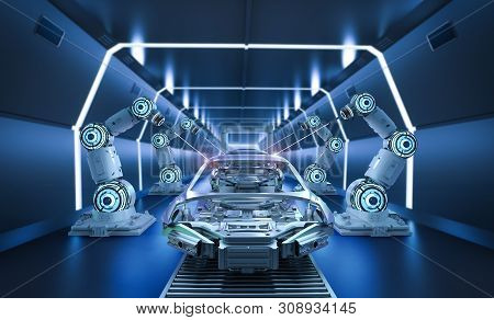 Automation Aumobile Factory Concept With 3d Rendering Robot Assembly Line In Car Factory