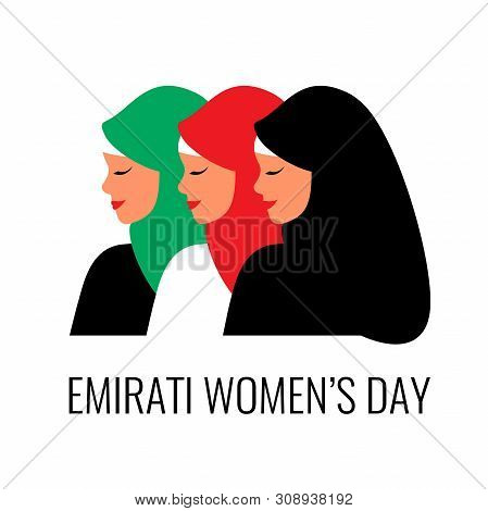 Emirati Women's Day Greeting Card With Young Arab Girls Wearing Colorful Hijab. Vector Illustration 