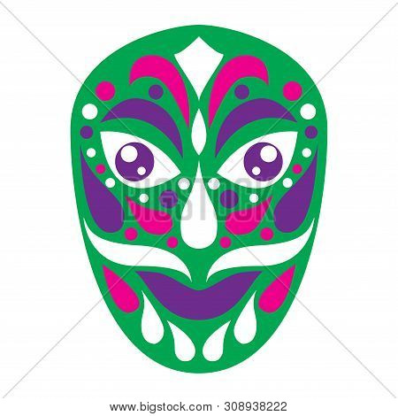 Tribal Ethnik Mask. Colorful Green Mask Illustration On White Background