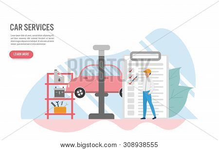 Car Service Concept With Character.creative Flat Design For Web Banner.