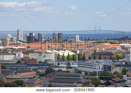 Copenhagen, Denmark - June 22, 2019 : Aerial View On The City, Oresund Bridge. It Is Railway And Mot