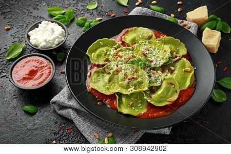 Italian Ravioli Pasta Stuffed With Basil Pesto, Creamy Ricotta And Crunchy Pine Nuts. Healthy Vegeta