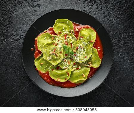 Italian Ravioli Pasta Stuffed With Basil Pesto, Creamy Ricotta And Crunchy Pine Nuts. Healthy Vegeta