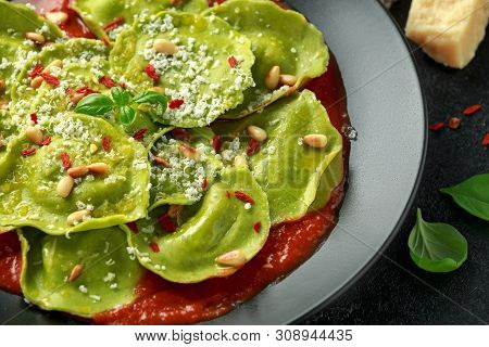 Italian Ravioli Pasta Stuffed With Basil Pesto, Creamy Ricotta And Crunchy Pine Nuts. Healthy Vegeta