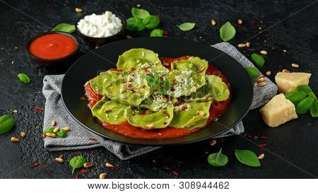 Italian Ravioli Pasta Stuffed With Basil Pesto, Creamy Ricotta And Crunchy Pine Nuts. Healthy Vegeta