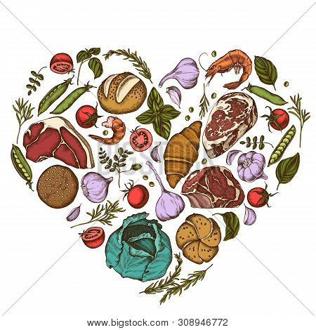 Heart Floral Design With Colored Garlic, Cherry Tomatoes, Peas, Fish, Shrimp, Cabbage, Beef, Buns An