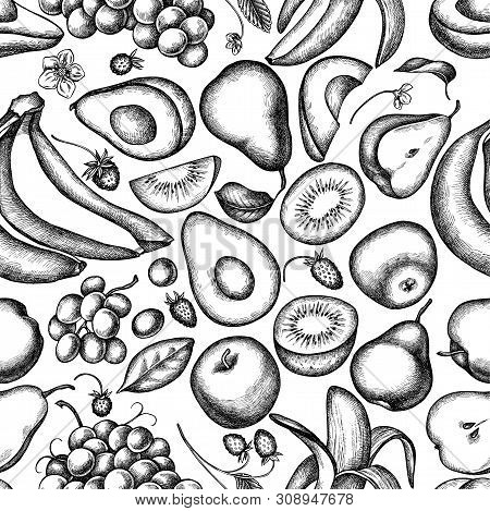 Seamless Pattern With Black And White Apples, Pears, Avocado, Kiwi, Grapes, Bananas, Strawberry Stoc