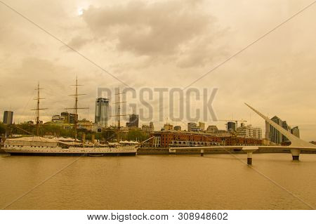 Buenos Aires, Argentina - September 20: View Of Puerto Madero, With The Frigate Sarmiento And The Pu