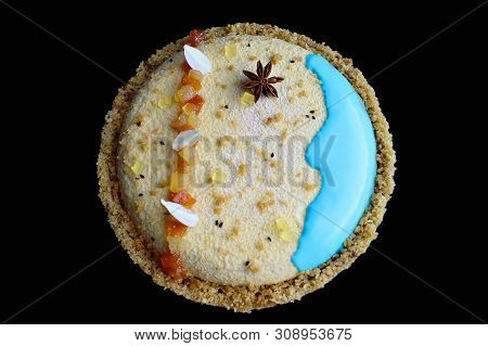 Round Beach Themed Mousse Cake With Star Anise And Candied Papaya Cubes