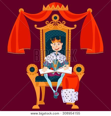 Little King Reads A Big Book, Sitting On A Throne. Vector Illustration.