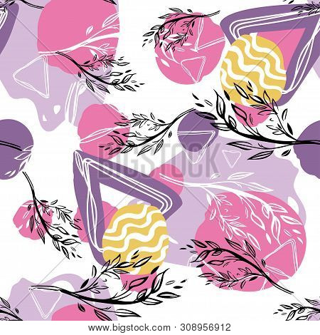 Seamless Pattern With Branches And Abstract Figures.