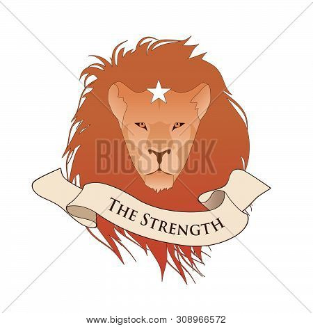 Major Arcana Emblem Tarot Card. The Strength. Lion Head Whith Star, Isolated On White Background