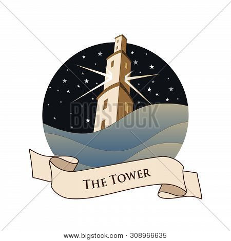 Major Arcana Emblem Tarot Card. The Tower. Large Tower Over Raging Sea, Over A Starry Night Sky, Iso