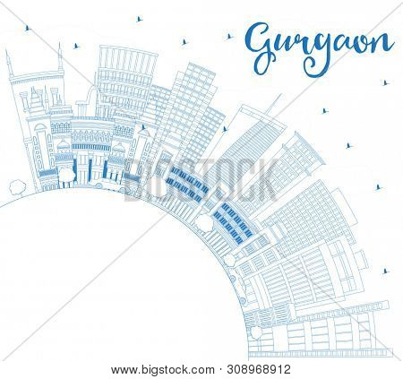 Outline Gurgaon India City Skyline with Blue Buildings and Copy Space. Business Travel and Tourism Concept with Modern Architecture. Gurgaon Cityscape with Landmarks. 