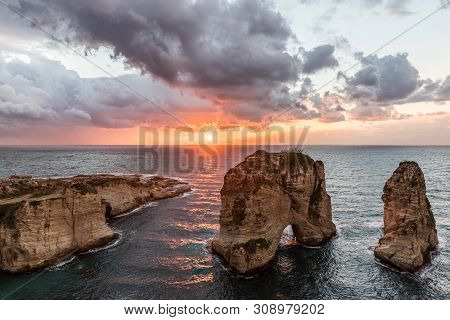 Sunset At The Raouche Rocks In Beirut Lebanon