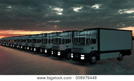 Row From Truck Trailers, 3d Rendering Isolated On White Background.