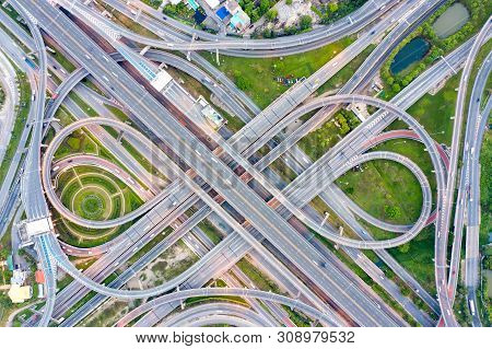 Bangkok Expressway Top View, Top View Over The Highway,expressway And Motorway At Night, Aerial View