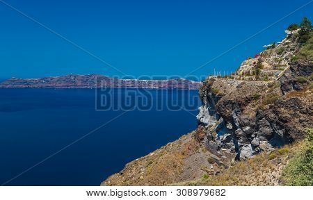 Greece Resort Island Santorini Greece With Mountains And Sea.