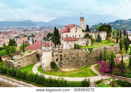 Brescia Castle Aerial Panoramic View. Castle Of Brescia Is A Medieval Castle Locate Atop Cidneo Hill