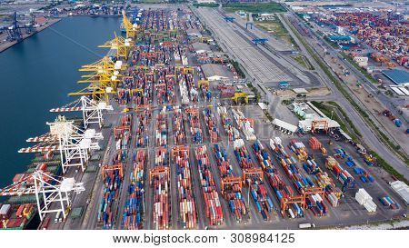 Containers To Be Loaded On To The Ship For Transportation By The Sea Asia Pacific Aerial Top View