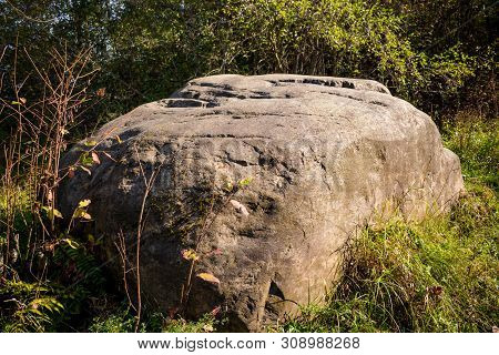 A Huge Boulder Of Glacial Origin In The Forest. The Village Of Malomakhovo, Borovsky District, Kaluz
