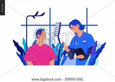 Medical Tests Blue Illustration- Eeg - Electroencephalography -modern Flat Vector Concept Digital Il