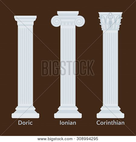 Ancient Greek Columns Flat Icons. Types Of Doric, Ionian, Corinthian Vector Illustration
