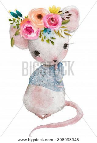Cute Little Mouse Girl With Floral Wreath