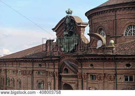 Turin, Italy - February 2021: Tombstone Dedicated To King Vittorio Emanuele On The Facade Of Palazzo