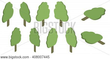 Set Of Green Trees Vector Isometric In Three Planes Left Right Bottom