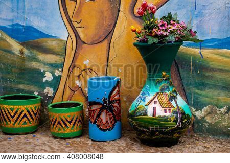 Raquira, Colombia - February 2021. Beautiful Handiccrafts At The Small Town Of Raquira. The City Of