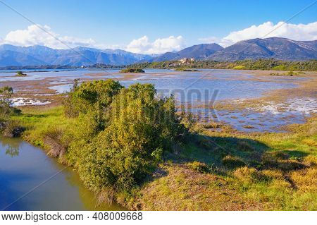 Beautiful Wetland Landscape. Montenegro, Tivat. View Of Tivat Salina  ( Tivatska Solila ) On Sunny S