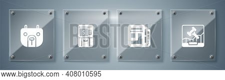 Set Online Internet Auction, Stock Market News, Atm And Money And Bear. Square Glass Panels. Vector