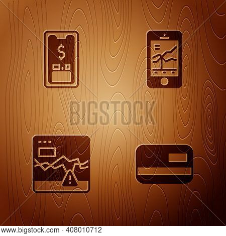Set Credit Card, Mobile With Dollar, Failure Stocks Market And Trading On Wooden Background. Vector