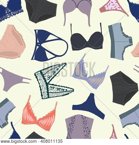 A Variety Of Underwear And Bras. Hand-drawn Color Vector Seamless Pattern. Gray Background. For Prin