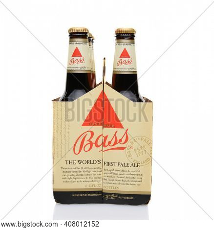 IRVINE, CA - MAY 25, 2014: A 6 pack of Bass Ale, end view. The Bass Brewery was founded in 1777 by William Bass, in Trent, England is now owned by Anheuser-Busch InBev.