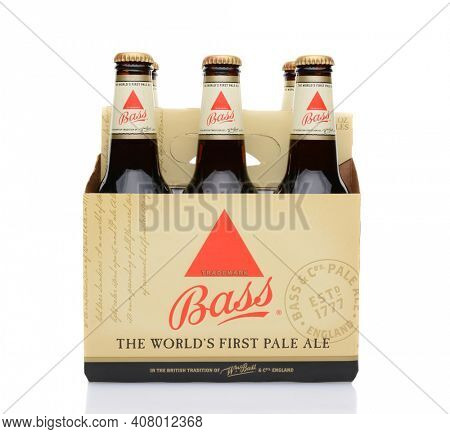 IRVINE, CA - MAY 25, 2014: A 6 pack of Bass Ale. The Bass Brewery was founded in 1777 by William Bass, in Trent, England is now owned by Anheuser-Busch InBev.