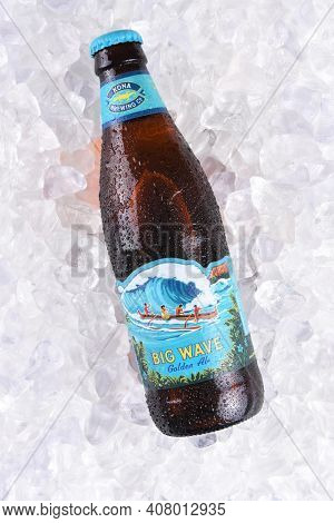 IRVINE, CALIFORNIA - MARCH 16, 2017: Kona Brewing Company Big Wave Golden Ale. The brewery is located in Kailua-Kona on the Big Island of Hawaii.