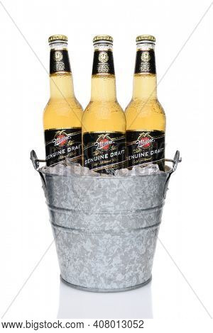 IRVINE, CA - MAY 27, 2014: Miller Genuine Draft bottles in a bucket of ice. MGD is actually made from the same recipe as Miller High Life except it is cold filtered.