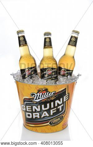 IRVINE, CA - JANUARY 15, 2015: A branded ice bucket of Miller Genuine Draft Beer. MGD is actually made from the same recipe as Miller High Life with the exception that MGD is cold filtered.