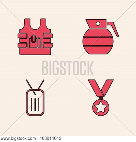 Set Military Reward Medal, Bulletproof Vest, Hand Grenade And Dog Tag Icon. Vector