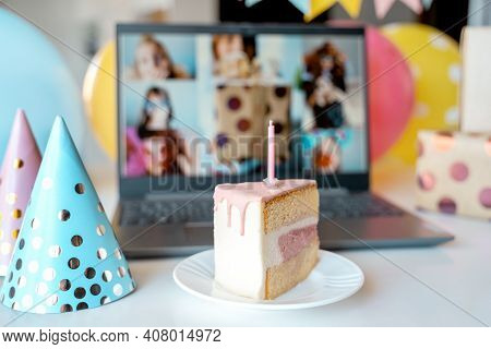 Kids Virtual Birthday,home Party.piece Of Cake With Candle.online Conference,video Call In Laptop,co