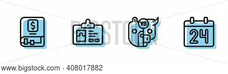 Set Line Bull And Bear Of Stock Market, Financial Book, Identification Badge And Calendar Icon. Vect