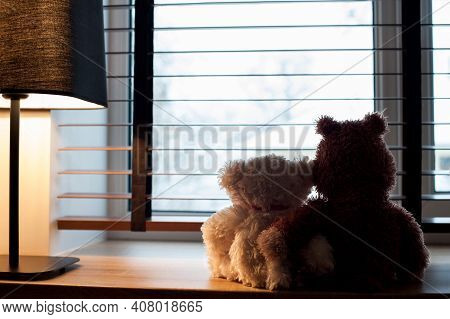 Two Embracing Loving Teddy Bears Toys Looking At Winter View Sitting Together On Wooden Window-sill 