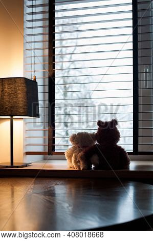 Two Embracing Loving Teddy Bears Toys Looking At Winter View Sitting Together On Wooden Window-sill 