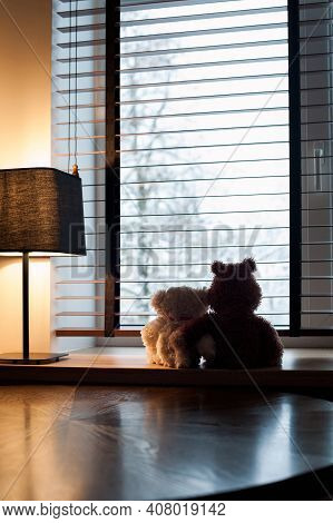 Two Embracing Loving Teddy Bears Toys Looking At Winter View Sitting Together On Wooden Window-sill 
