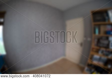 Blur Background Image Of Modern Room With Wooden Shelf  Interior Taken With A Fisheye Lens