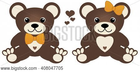 Twins, Boyfriend, Girlfriend, Brother, Sister, Friends, matching boy girl teddy bears with bowtie and hairbow and hearts Illustration isolated on white background.