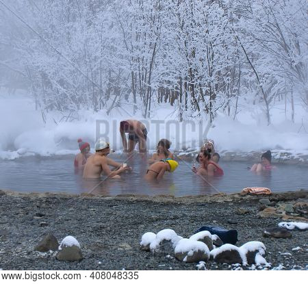 Malka, Russia - 25 December, 2020: People In A Hot Springs In The Center Of Kamchatka